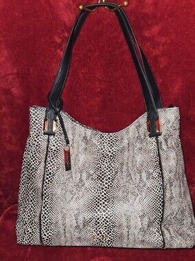 Jessica Simpson Large Black & Cream Snake-Print Tote w/Gold Hardware